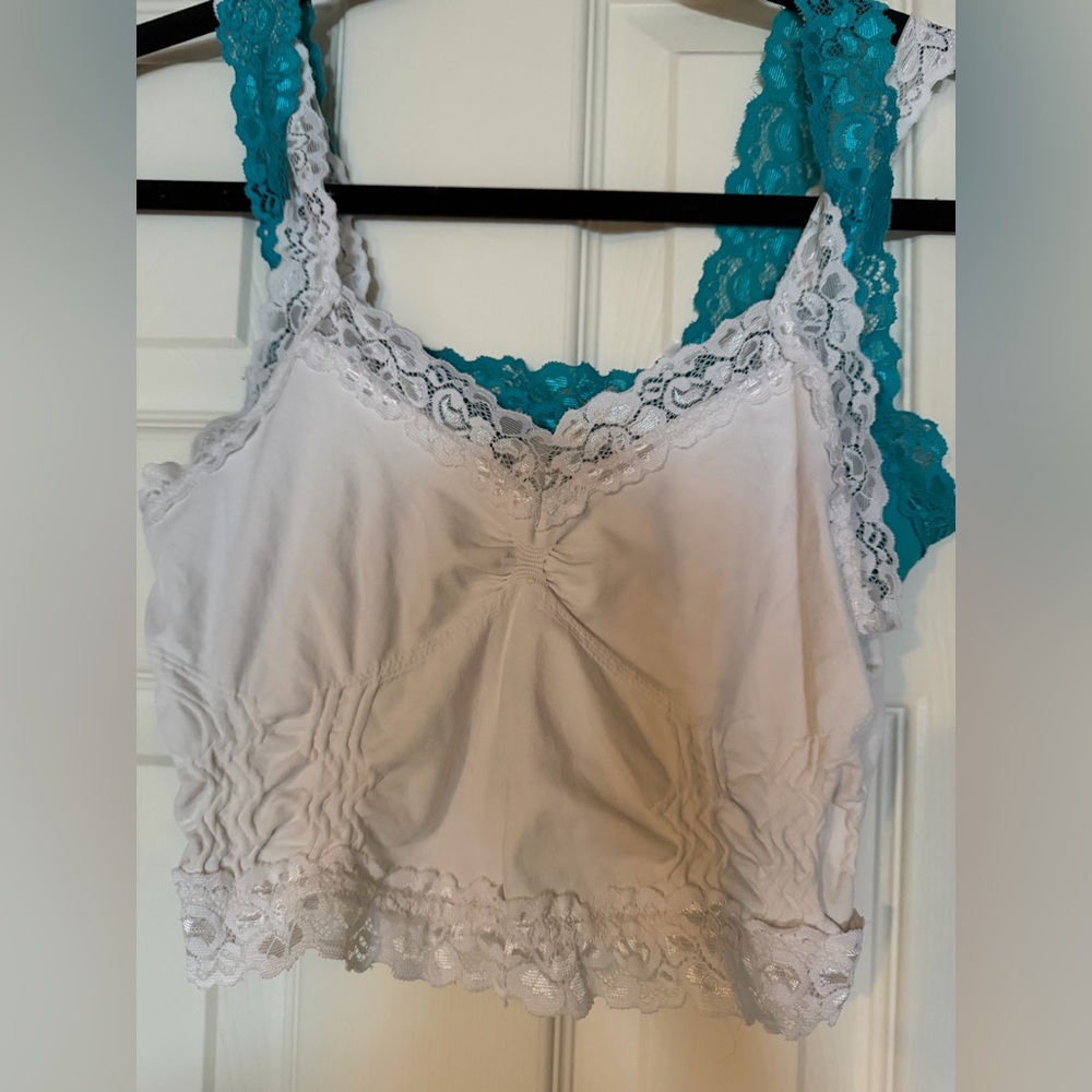 Lace Trimmed White, Teal, and Black Bra